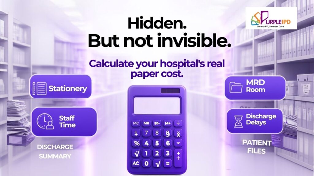 Hospital stationery cost India — hidden paper costs calculator showing ₹90 lakhs annual spend for a 100-bed Indian hospital