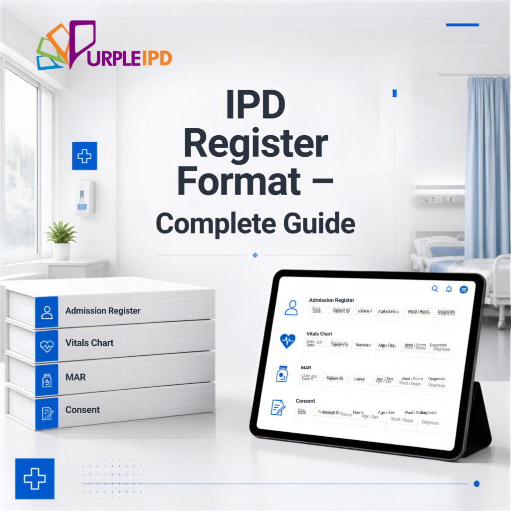 IPD register format for Indian hospitals — hospital IPD register guide showing NABH required forms and completeness checklist